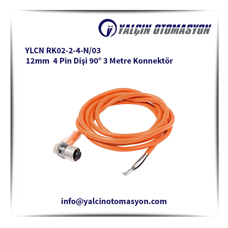 YLCN RK02-2-4-N/03 12mm 4 Pin Dişi 90° 3 Metre Konnektör