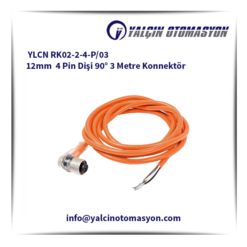 YLCN RK02-2-4-P/03 12mm 4 Pin Dişi 90° 3 Metre Konnektör