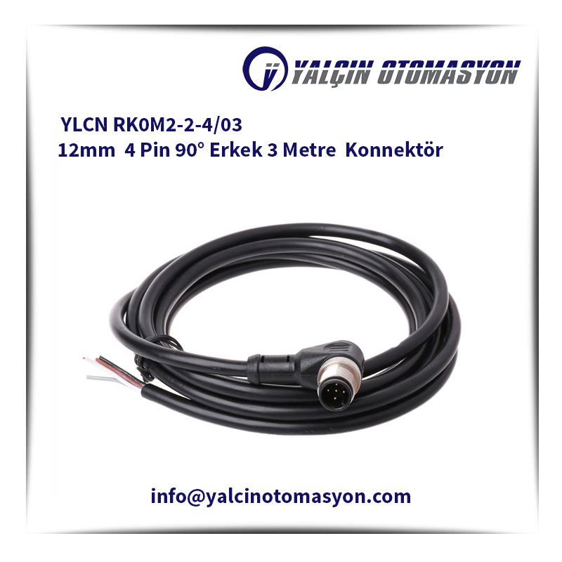 YLCN RK0M2-2-4/03 12mm 4 Pin 90° Erkek 3 Metre Konnektör