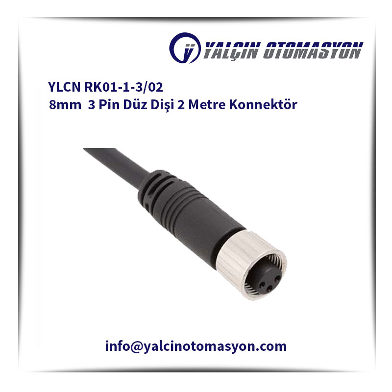 YLCN RK01-1-3/02 8mm 3 Pin Düz Dişi 2 Metre Konnektör