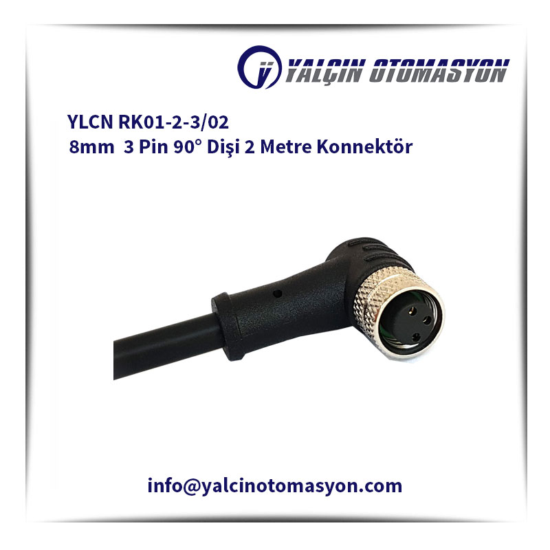YLCN RK01-2-3/02 8mm 3 Pin 90° Dişi 2 Metre Konnektör