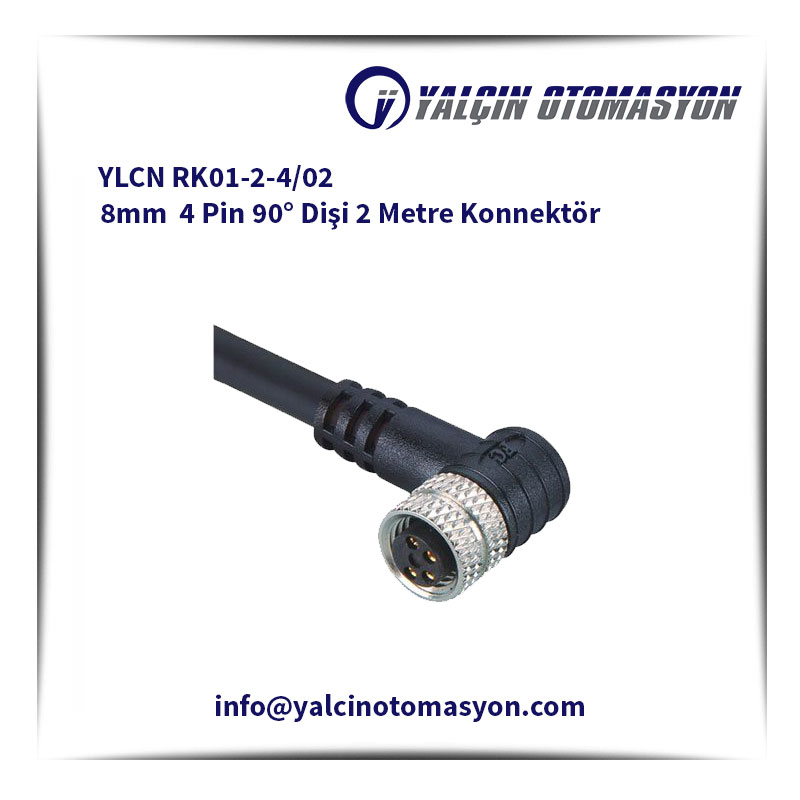 YLCN RK01-2-4/02 8mm 4 Pin 90° Dişi 2 Metre Konnektör