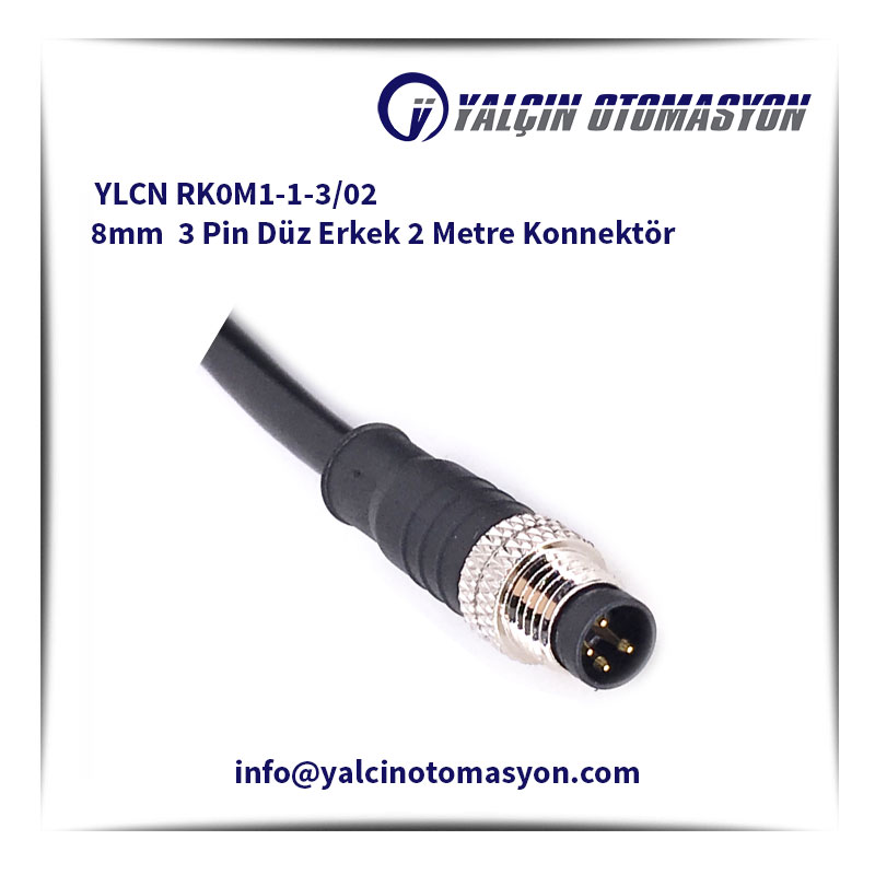 YLCN RK0M1-1-3/02 8mm 3 Pin Düz Erkek 2 Metre Konnektör