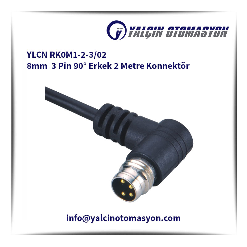 YLCN RK0M1-2-3/02 8mm 3 Pin 90° Erkek 2 Metre Konnektör